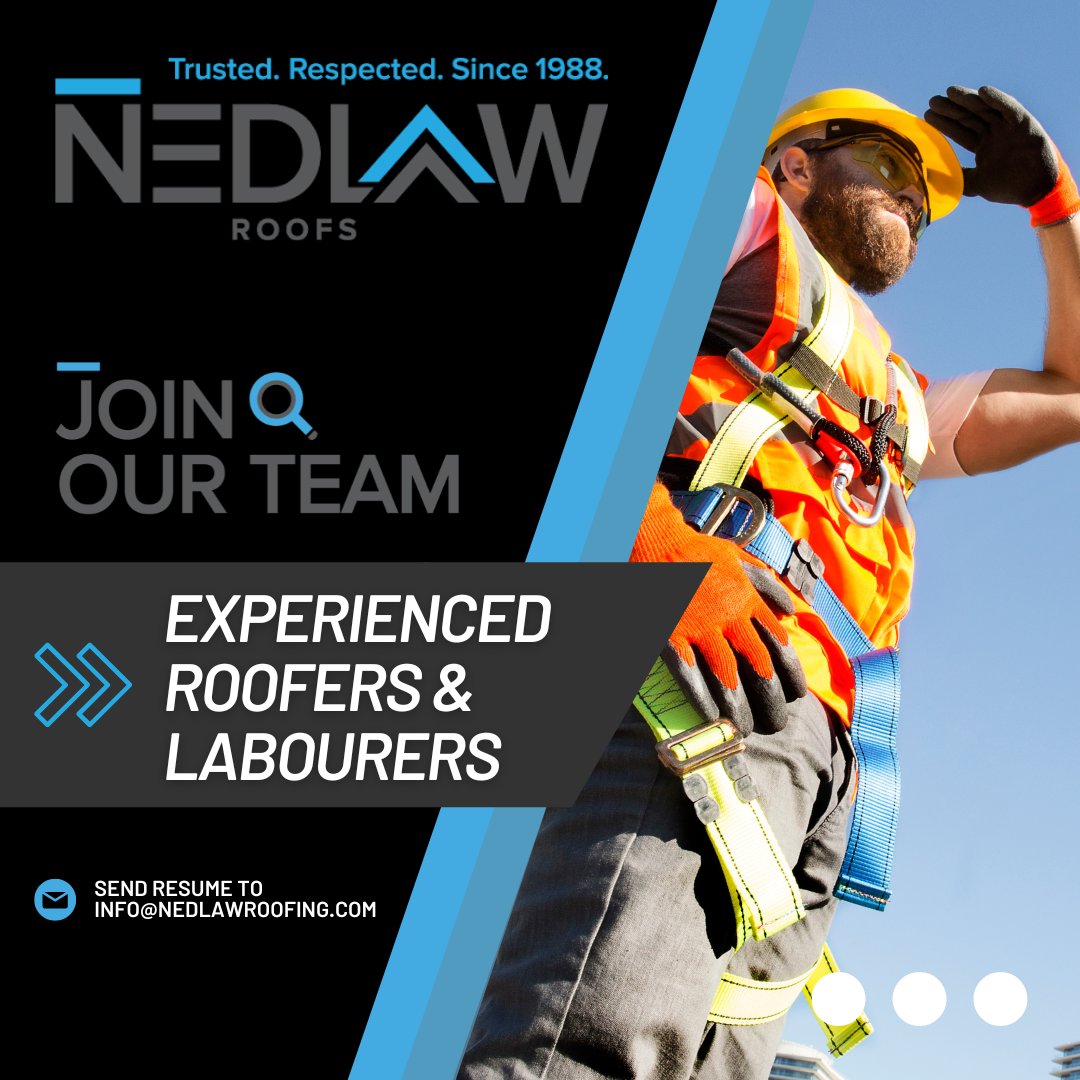 Nedlaw Group (@groupnedlaw) on Twitter photo Seeking work? Join our team today! We are actively pursuing experienced roofers and laborers to join our crew here at Nedlaw Group.
Send us an email today, to ensure your spot!
info@nedlawroofing.com
#jobsearch #Nedlaw #HappyFriday Seeking work? Join our team today! We are actively pursuing experienced roofers and laborers to join our crew here at Nedlaw Group.
Send us an email today, to ensure your spot!
info@nedlawroofing.com
#jobsearch #Nedlaw #HappyFriday