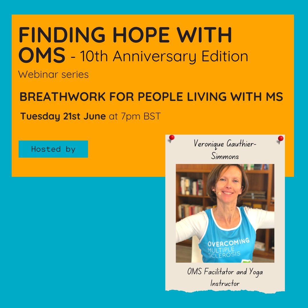 OvercomingMS's tweet photo. Join Veronique Gauthier-Simmons, an OMS Facilitator and qualified Yoga Instructor, on 21 June at 7pm for our next #FindingHopeWithOMS webinar!
Sign up here: https://t.co/1WN5aIWa28
#MultipleSceloris #MS #OvercomingMS #OMS https://t.co/YMYc7W0Ocf