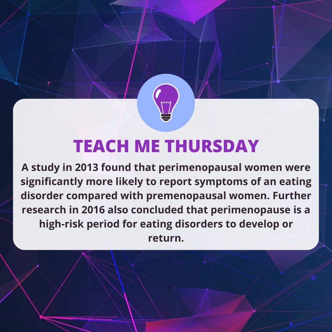HopewellOttawa's tweet photo. Here’s today’s #TeachMeThursdayFact
A study in 2013 found that perimenopausal women were significantly more likely to report symptoms of an eating disorder compared with premenopausal women. Perimenopause is a high-risk period for eating disorders to develop or return. https://t.co/52bTVZQT7s