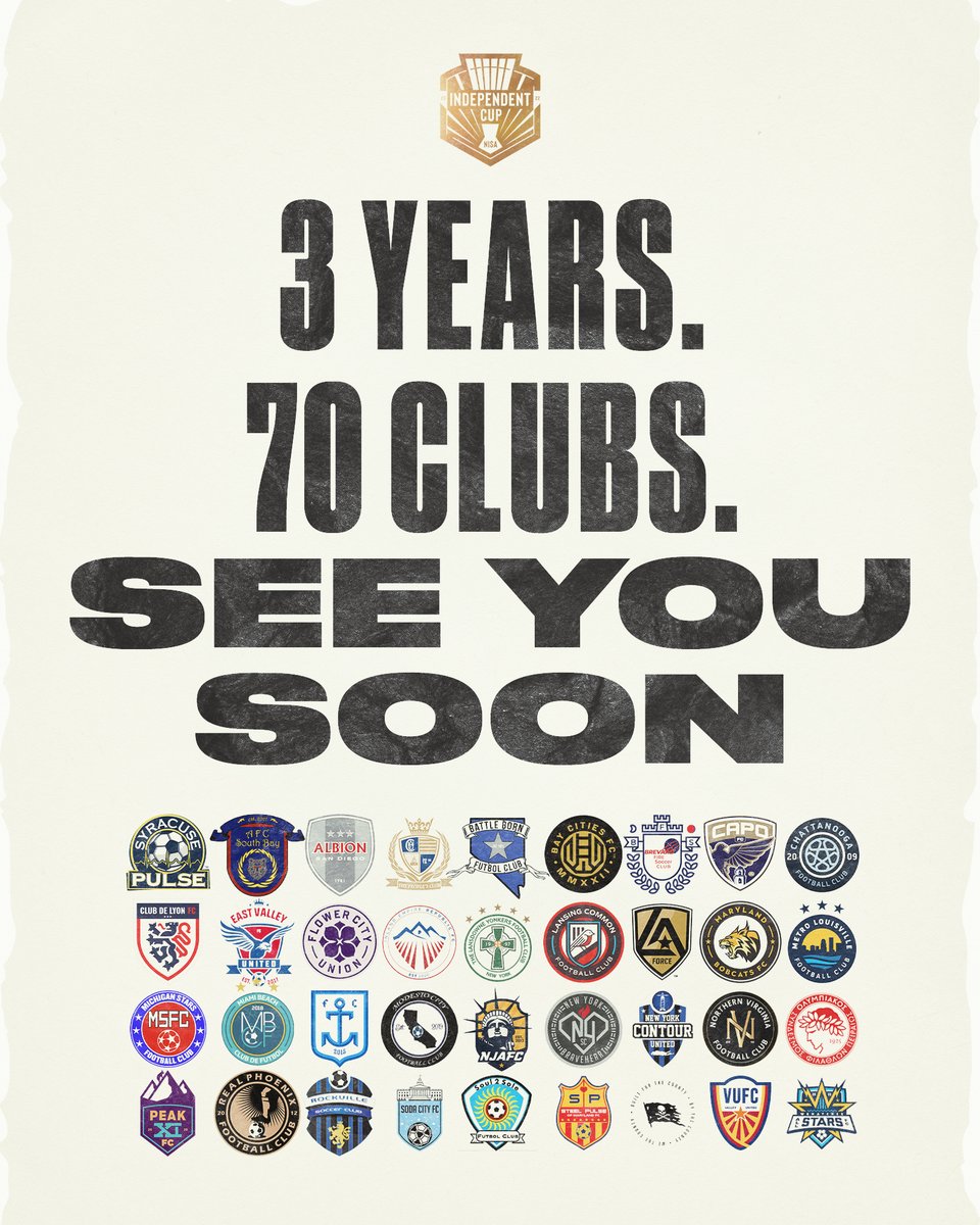 NISA Independent Cup 2022 Edition #NISAIndCup22
Championing the spirit of open competition.
9 Regions
36 Clubs
Kickoff June 25th 
nisasoccer.com/indcup