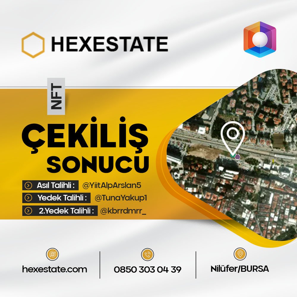 HEXESTATE ÇEKİLİŞ SONUCU📢
Kazanan Talihlilerimiz:
Asıl talihli: @YiitAlpArslan5 
Yedek Talihli: <a href="/TunaYakup1/">YakupTuna ♣️</a> 
2.Yedek Talihli: <a href="/kbrrdmrr_/">Kübra Demir</a> 
Kazanan talihli DM yoluyla 3 gün içinde bize ulaşmalı. Ulaşmadığı taktirde diğer talihli kişilere ulaşılacaktır.
#NFT #NFTGiveaway