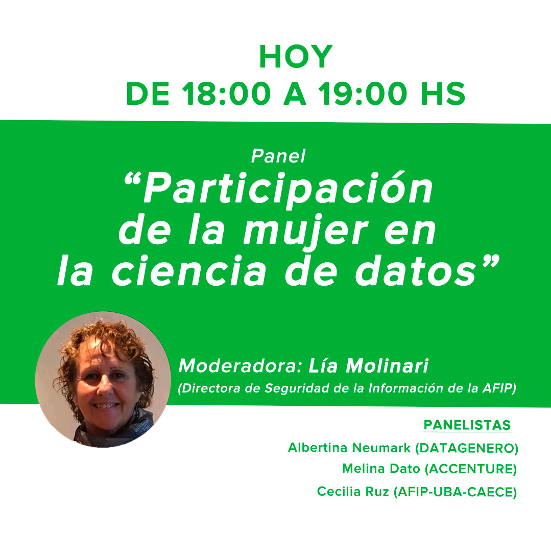 En breve arranca el panel 𝐏𝐚𝐫𝐭𝐢𝐜𝐢𝐩𝐚𝐜𝐢ó𝐧 𝐝𝐞 𝐥𝐚 𝐦𝐮𝐣𝐞𝐫 𝐞𝐧 𝐥𝐚 𝐂𝐢𝐞𝐧𝐜𝐢𝐚 𝐝𝐞 𝐃𝐚𝐭𝐨𝐬 📈👩‍🔬 

Las panelistas serán Albertina Neumark de DataGénero , Melina Dato de Accenture y Cecilia Ana RUZ de AFIP 

🎬Miralo en vivo por youtube.com/VideosUNLP