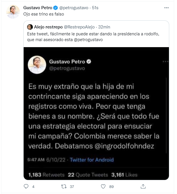 palabraseca's tweet photo. Entonces Rodolfo Hernández denuncia "política sucia" usando un tuit falso que Gustavo Petro nunca escribió. Unos miles de compartidos después, lo borra. Hablemos de suciedad. https://t.co/nPg6diBLlj