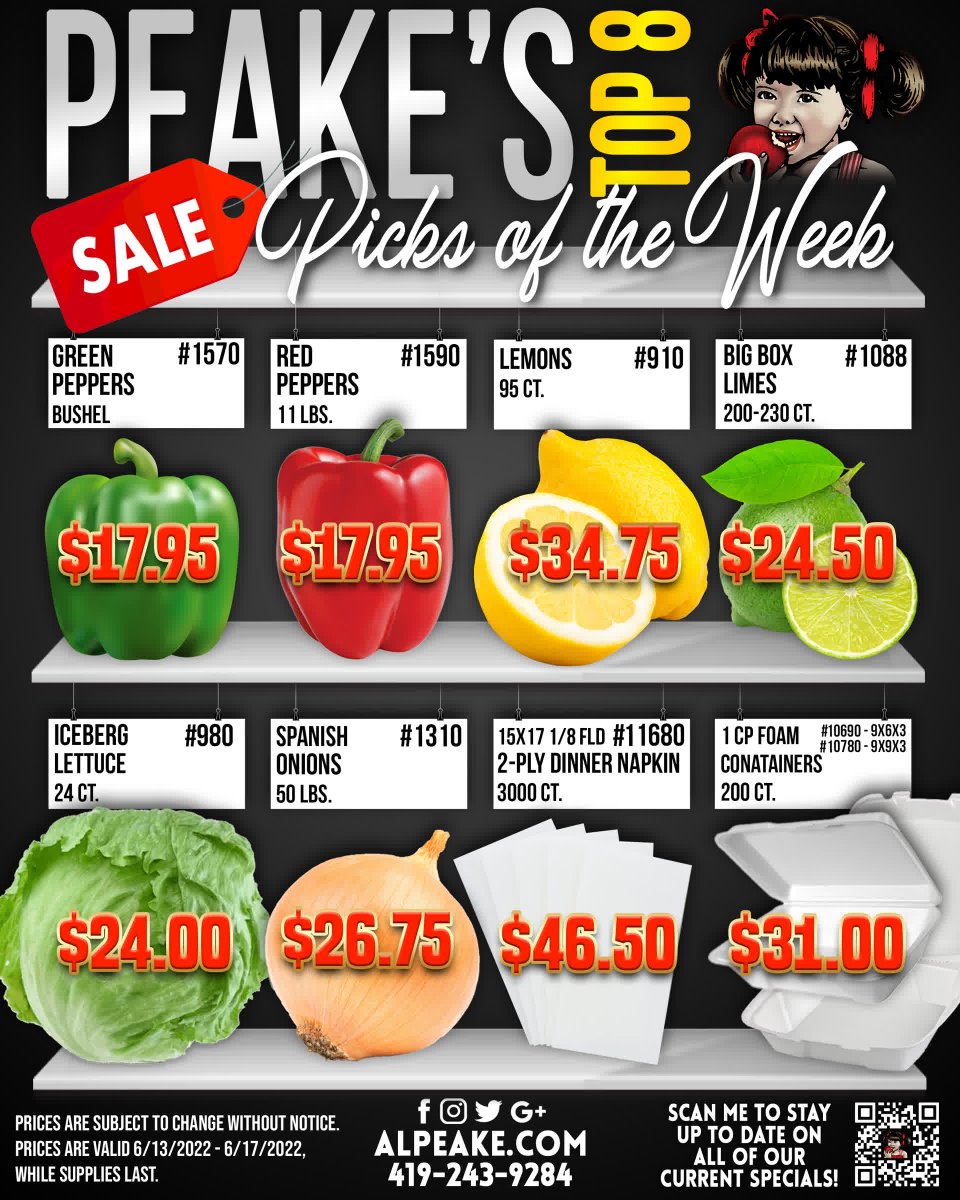 Staples for any meal! 🍽

Peake's Picks are IN! 😁
Here are next Week's Specials!

The First Name in Family Food Service!
alpeake.com | (419) 243-9284