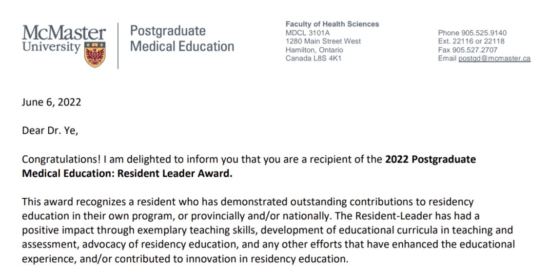 Wendy Ye (@imwendyye) on Twitter photo I am grateful and delighted to receive a <a href="/McMasterPGME/">McMaster University, PGME</a> Resident Leader Award alongside my amazing co-resident <a href="/MacKenzieTurpin/">MacKenzie Turpin</a>!
A huge thank you to @LessMartsMD, <a href="/sama_anvari/">Sama Anvari</a>, and Dr. Andrew Cheung for the nomination and ongoing support ♥️ I am grateful and delighted to receive a <a href="/McMasterPGME/">McMaster University, PGME</a> Resident Leader Award alongside my amazing co-resident <a href="/MacKenzieTurpin/">MacKenzie Turpin</a>!
A huge thank you to @LessMartsMD, <a href="/sama_anvari/">Sama Anvari</a>, and Dr. Andrew Cheung for the nomination and ongoing support ♥️