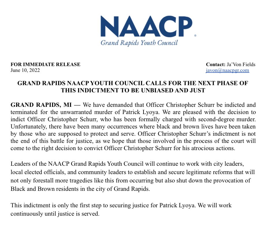 Ja’Von Fields, President of the NAACP Grand Rapids Youth Council, released the following statement in response to the indictment of Officer Christopher Schurr. #WeAreThePresent #naacp #naacpgr #naacpyc #naacpgryc #justiceforpatricklyoya #thetimeisnow