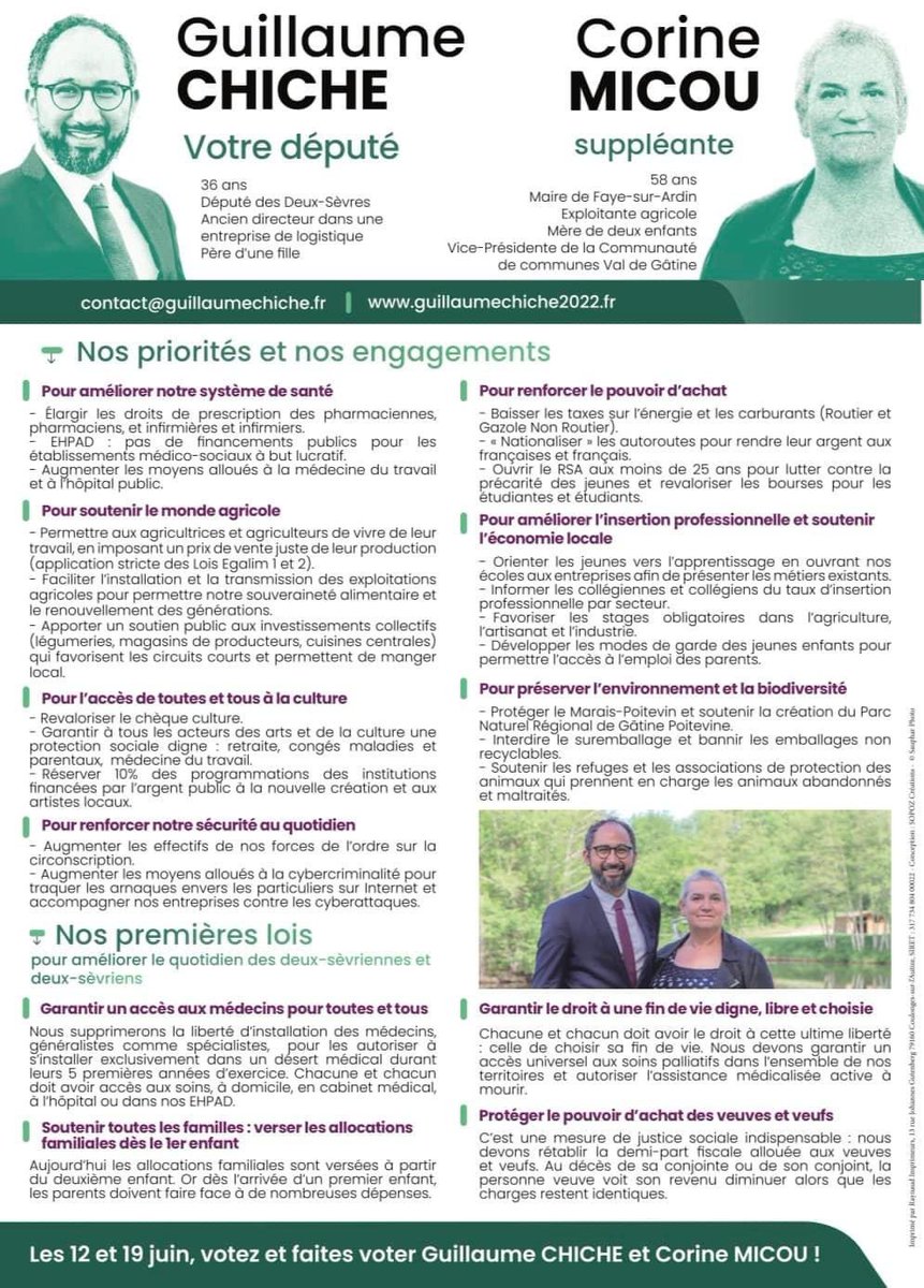 Ce dimanche vous votez pour élire votre Député. J’y suis prêt, impliqué et déterminé pour agir à vos côtés.

Nos priorités &amp; engagements sont clairs, retrouvez-les dans notre profession de foi. ⤵️

Nous comptons sur vous ! Dimanche, votez Guillaume CHICHE et Corine MICOU !