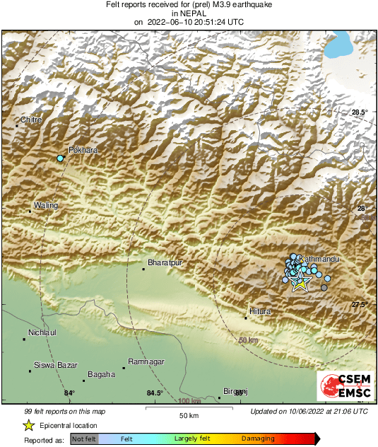 EMSC on Twitter: "#Earthquake 10 km S of #Kathmandu 15 min ago (local time 02:36:24). Colored dots represent local shaking &amp; damage reported by eyewitnesses. Share your experience: 📱https://t.co/LBaVNdVFgz 🌐https://t.co/Wvjem3y4Rb https ...