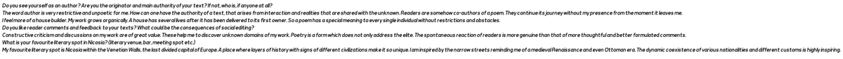 GraphPoem's tweet image. #GraphPoem #DHSI22 #WebFormance #ComputationallyAssembledAnthology #DataCommoning facebook.com/Margento.Offic…
Do you see yourself as an author? Are you the originator and main authority of your text? If not, who is, if anyone at all?
The word author is v
....