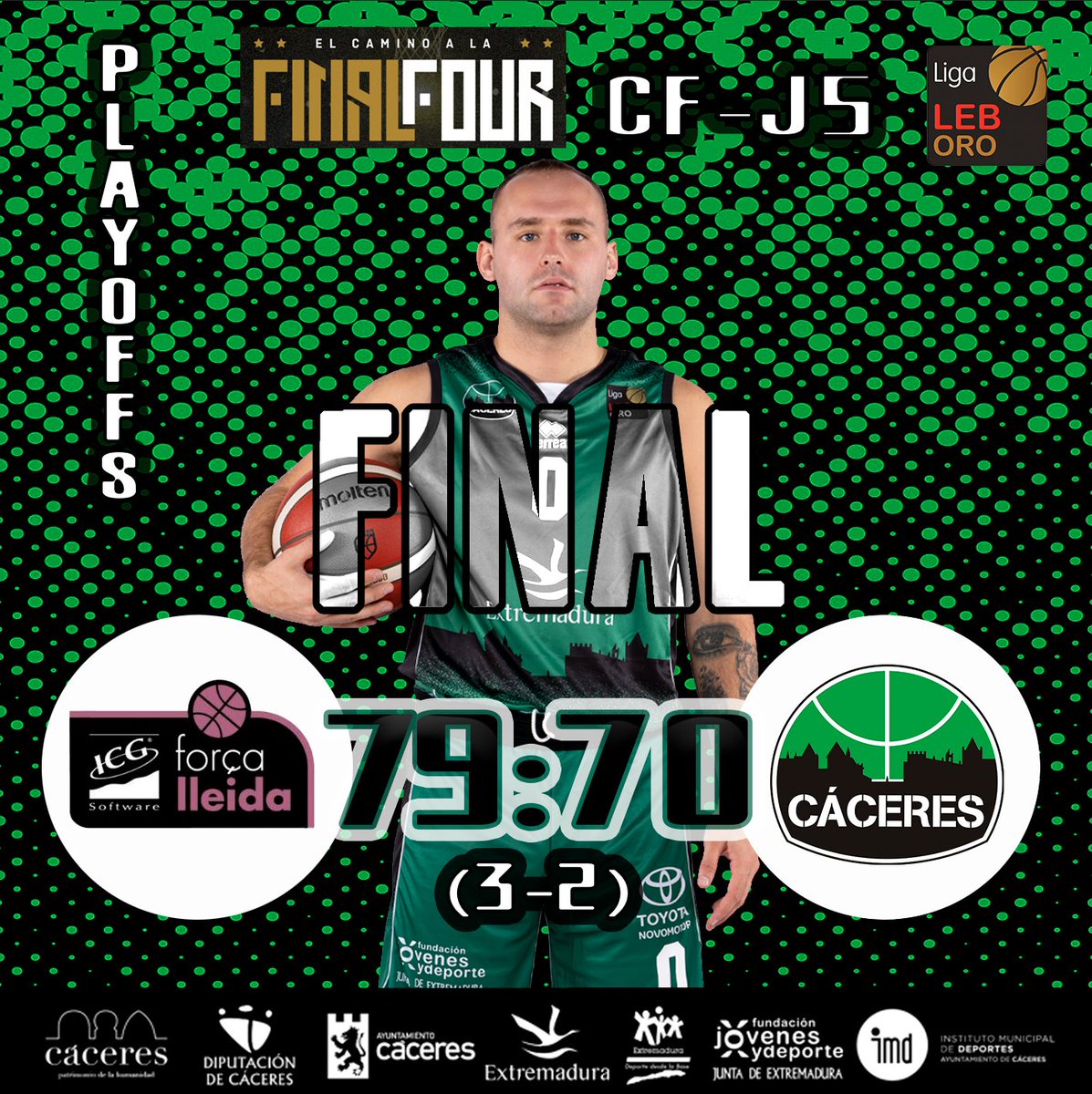 Caceres_Basket's tweet photo. #PlayoffsLEBOro |🏀𝘊𝘍-𝘑5⃣🏀
FINAL

👏👏 para nuestros jugadores que nos hicieron vibrar hasta el final. Fin a una memorable temporada del Cáceres. Enhorabuena a Lleida.

🔴 @flleida  -  79
🆚
⚪️ @Caceres_Basket  -  70

#Familia💚🖤
#Cáceresquierebaloncesto https://t.co/eKJ8JxJ0kE