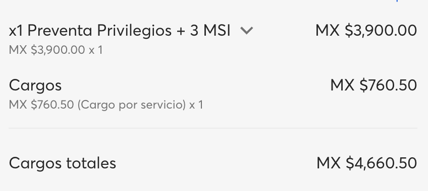 jmatuk's tweet photo. ¿Cargos por servicio $760.50? ¿El 20% del costo del boleto? Cómo que se pasan en @Ticketmaster_Me para el @CoronaCapital ¿O alguien sabe de qué se tratan los "cargos por servicio"? Porque además, otros $35 pesos por el privilegio de poder imprimir tus boletos en tu impresora. https://t.co/YVZSLAhMrg