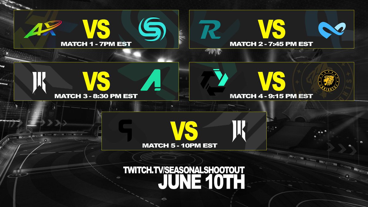 Seasonal Shootout (@ssleaguehq) on Twitter photo Week 1 has arrived! Which matchup are you most excited for?
@AXLE_R8 vs <a href="/SoniqsEsports/">Soniqs</a>
<a href="/Randoms_RL/">Randoms</a> vs <a href="/GGLimitless/">Limitless ∞</a>
<a href="/ShopifyRebels/">Shopify Rebellion</a> vs <a href="/akrewhq/">Akrew</a>
@TorrentHQ vs <a href="/KnightsGG/">KNIGHTS</a>
<a href="/GhostEsports/">Ghost Gaming Esports</a> vs <a href="/ShopifyRebels/">Shopify Rebellion</a>
See you at 6:30pm EST for our @erasportsinc Premier League Preshow! Week 1 has arrived! Which matchup are you most excited for?
@AXLE_R8 vs <a href="/SoniqsEsports/">Soniqs</a>
<a href="/Randoms_RL/">Randoms</a> vs <a href="/GGLimitless/">Limitless ∞</a>
<a href="/ShopifyRebels/">Shopify Rebellion</a> vs <a href="/akrewhq/">Akrew</a>
@TorrentHQ vs <a href="/KnightsGG/">KNIGHTS</a>
<a href="/GhostEsports/">Ghost Gaming Esports</a> vs <a href="/ShopifyRebels/">Shopify Rebellion</a>
See you at 6:30pm EST for our @erasportsinc Premier League Preshow!