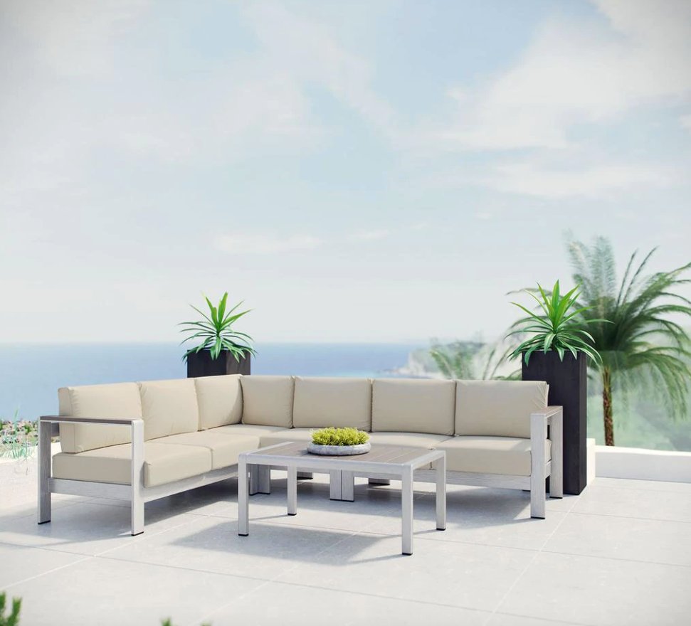 Enjoy your patio or backyard leisure time with the strong and durable Shore Outdoor Aluminum Collection; outfitted with resilient fabric canvas tested to last through all weather conditions.