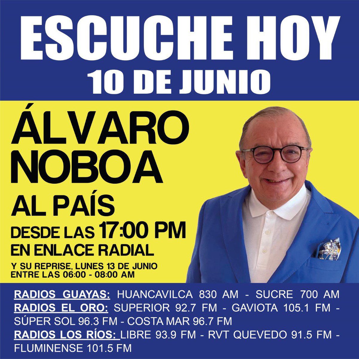 Escuche hoy, Viernes 10 de Junio:
Álvaro Noboa al país!
Reprise este Lunes 13 de Junio entre las 06h00 - 08h00 AM