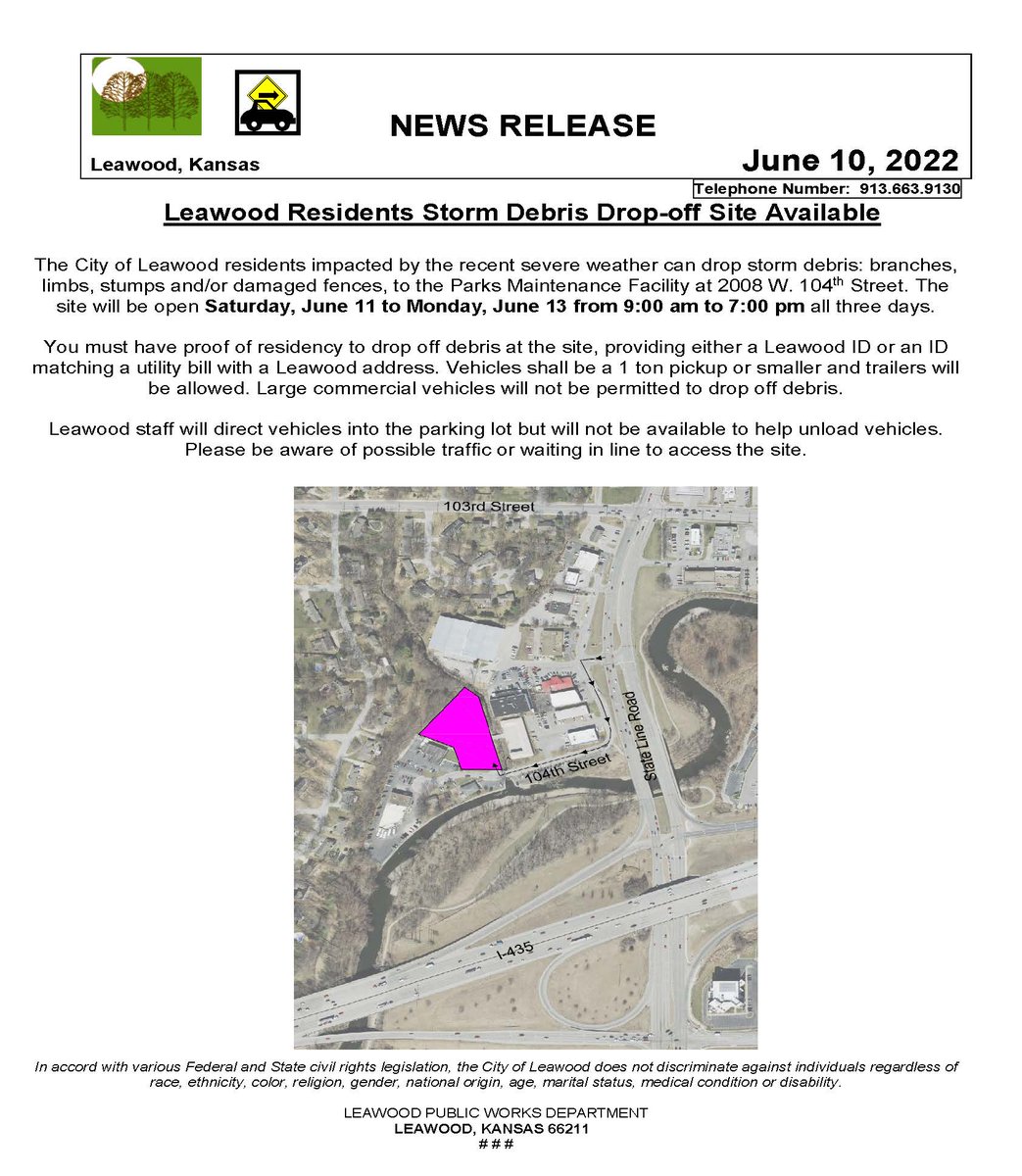 Leawood Residents Storm Debris Drop-off Site Available - Please see the attached News Release for additional information