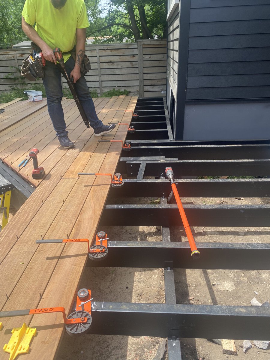 Ipe decking, originally called Irinwood, so dense it sinks in water. Outdoor lifespan of 70 to 90 yrs. A perfect match to install on new Fortress steel frame structure. Camo hidden fastener, so no screws visible.  #ipe #camo_fastener #fortressbp, quigleydecks.com.