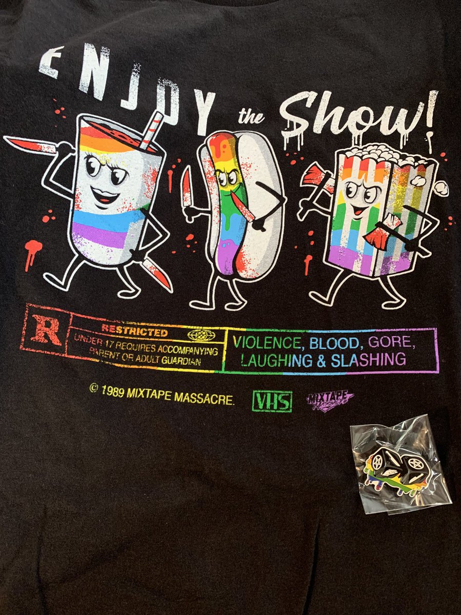 cheesybones's tweet photo. Best surprise ever. Thank you @mixtapemassacre @GaylyDreadful for this absolutely amazing shirt and pin and for helping the #LGBTQIA community #horrorisforeveryone https://t.co/GU5L6Haoju