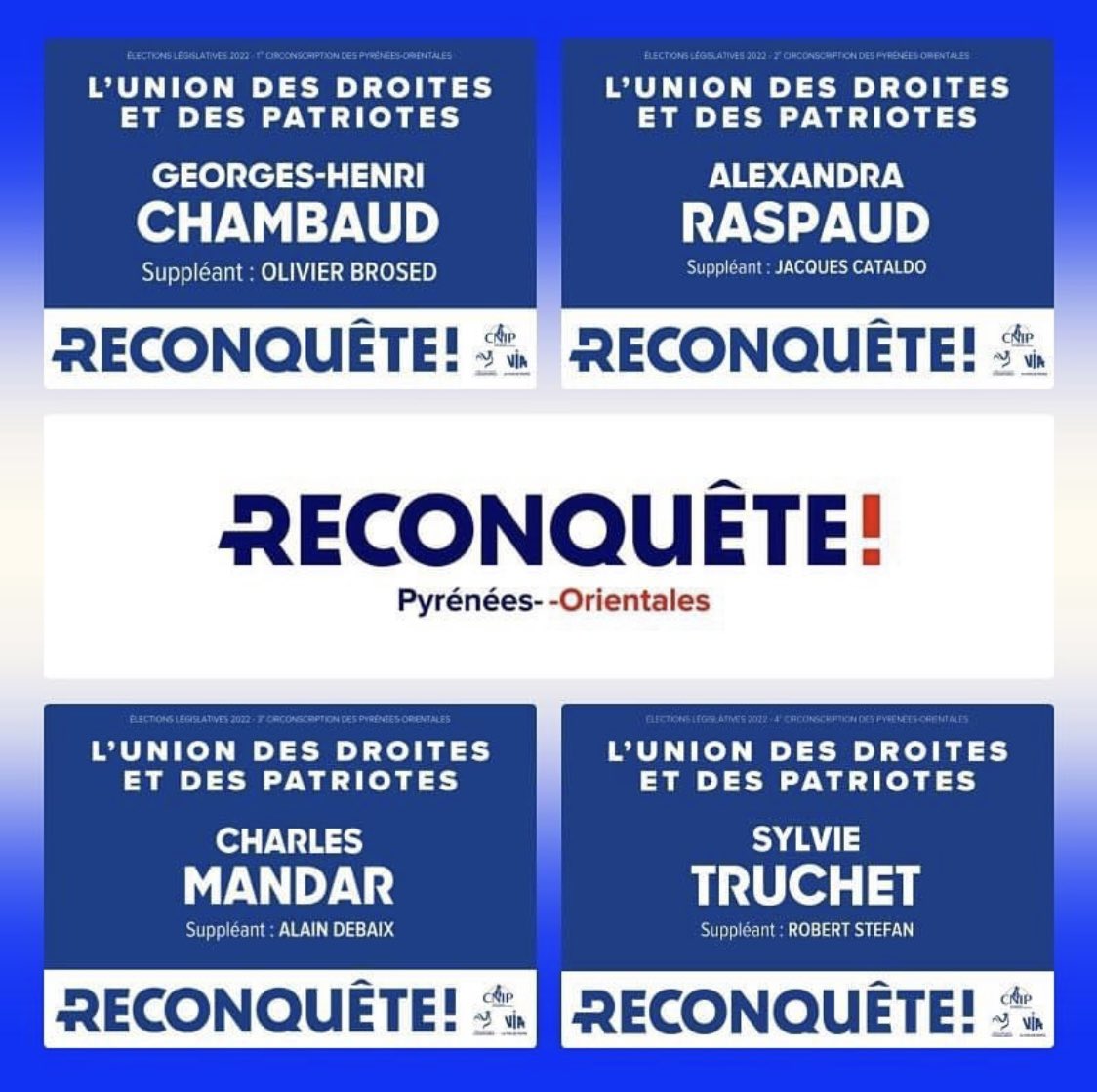 GHChambaud2022's tweet photo. Dimanche, votez pour la droite, votez #reconquete dans les #pyrénéesorientales 🇫🇷
#legislatives2022 #ericzemmour #electionslegislatives2022 #politique #perpignan #cabestany #toulouges #bompas #villelonguedelasalanque #saintemarielamer #canohes https://t.co/38aYU0I73U