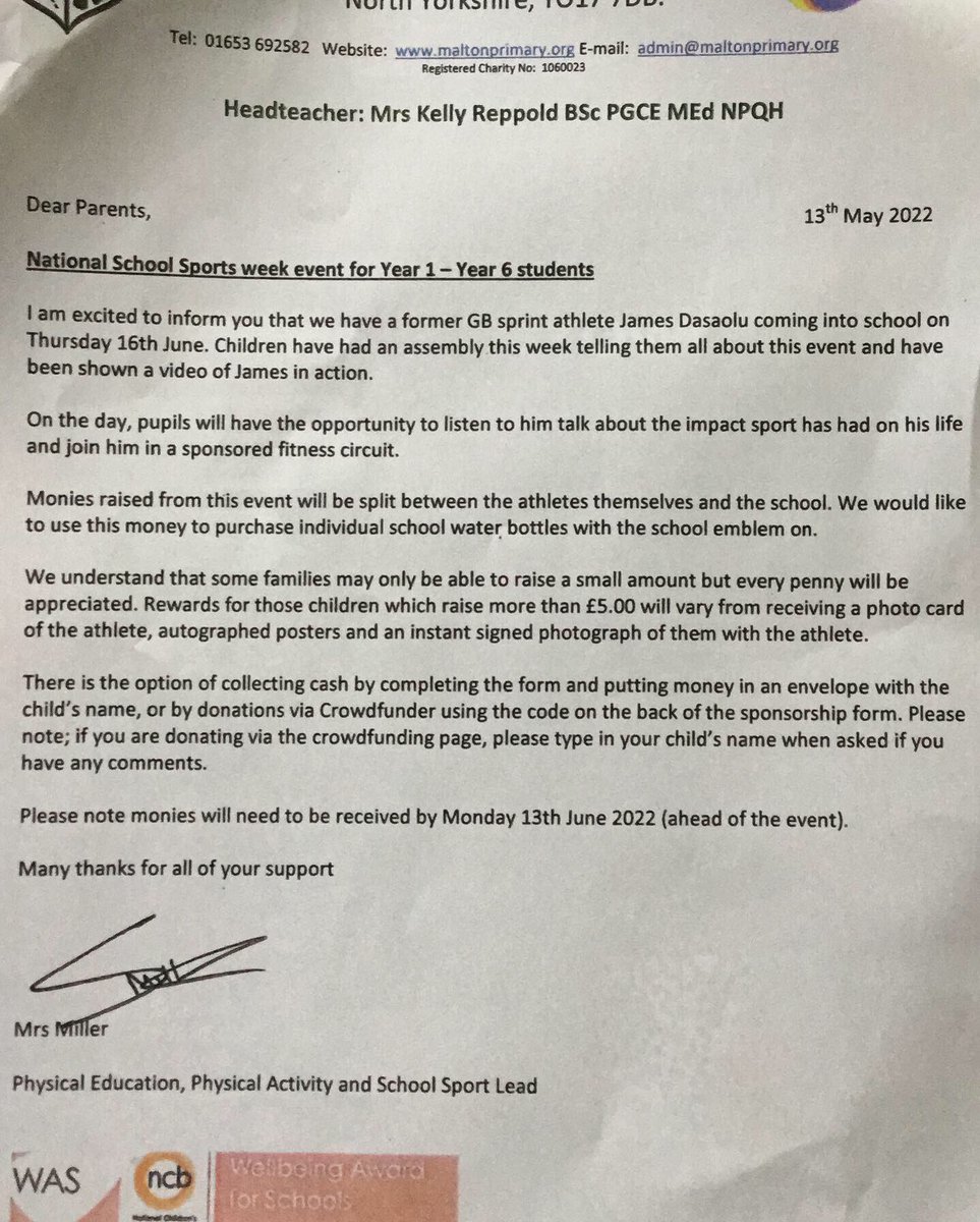 We are super excited about welcoming GB’s 2nd fastest ever runner to Malton Primary next Thursday (16th June) Deadline for sponsorship money Monday 13th (next week). We have raised over £200 so far! Prizes for those raising over £5.00.