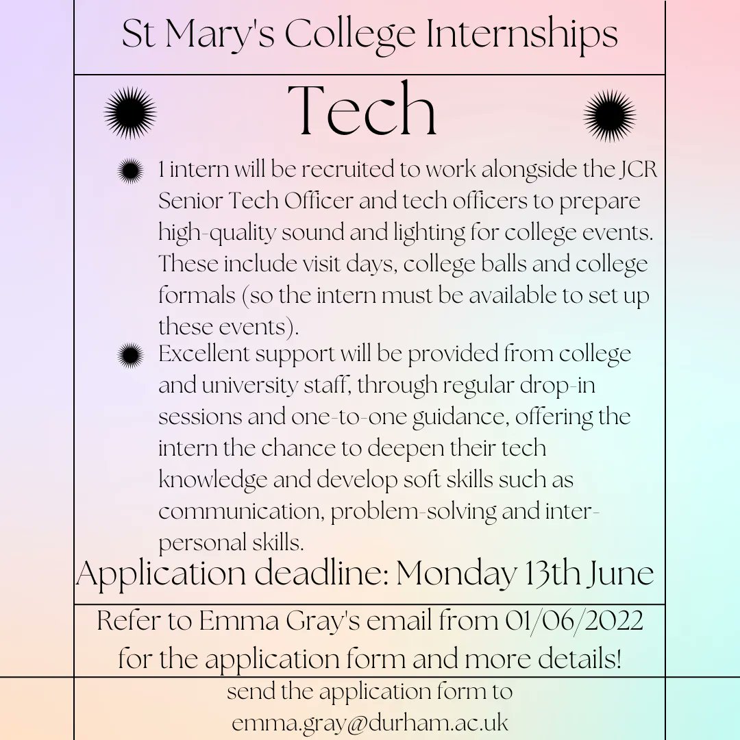 Current Mary's students can apply now for the various positions available with the College Internship Programme. Here's some information about the Journalism, Social Media and Tech roles 🌟

DEADLINE: 9AM MONDAY 13TH JUNE

#stmaryscollegeinternshipprogramme #stmaryscollegedurham