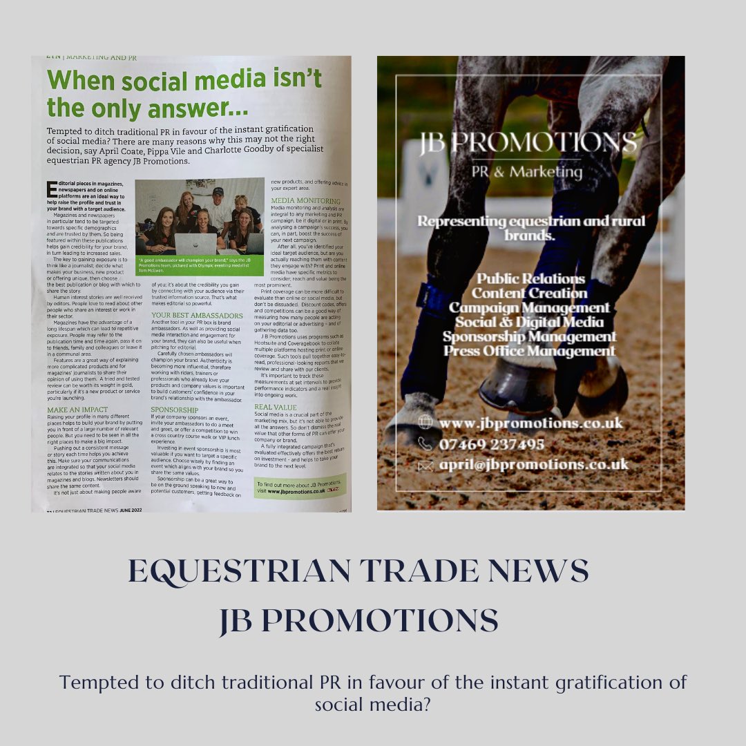 Finishing a very busy week with a bit of JBP media coverage 🙌 ✨ 

Check out the latest <a href="/ETN_Magazine/">EquestrianTradeNews</a> on page 32 where April, Charlotte and Pippa discuss why editorial is a great way to help raise the profile and trust in a brand with a target audience 👍👏

#editorial #pr