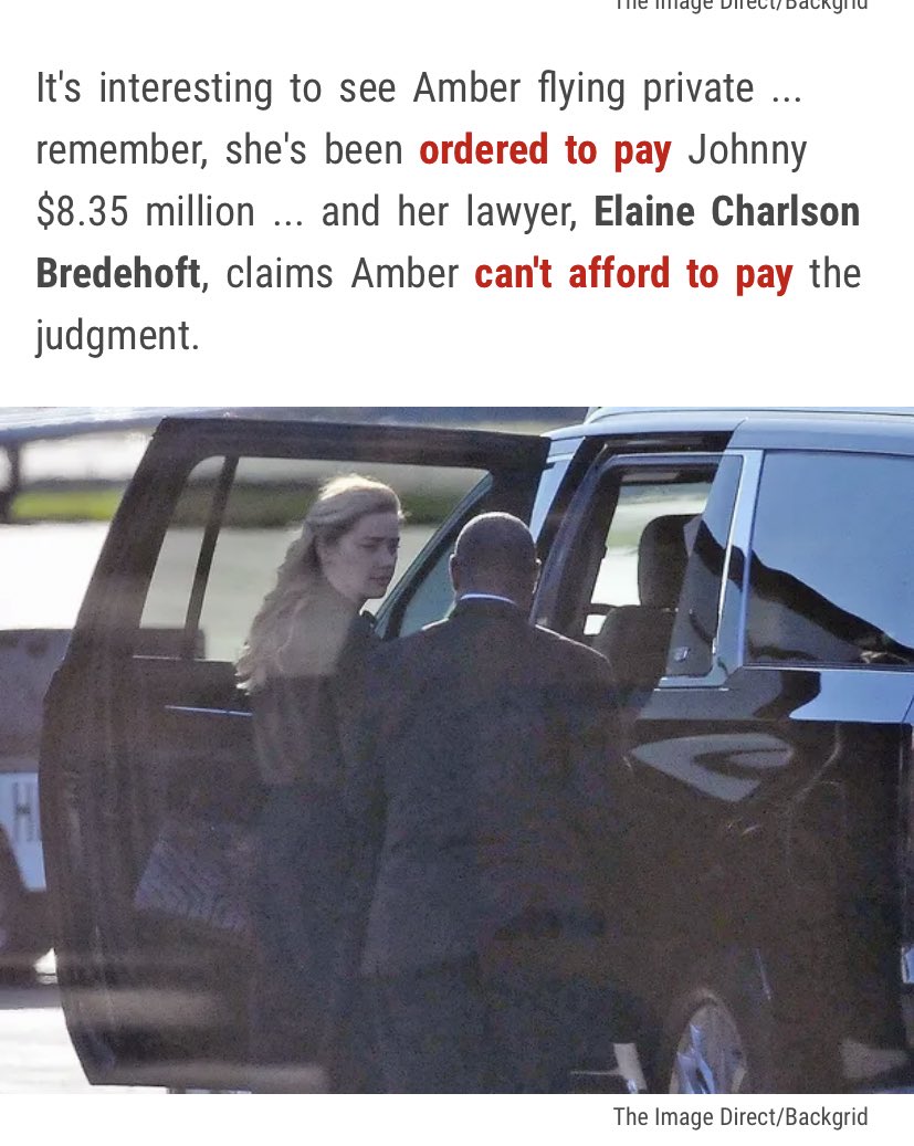 salveogvm's tweet photo. so tmz just posted that amber heard flew on a PRIVATE jet to Washington and got escorted by a vip suv. so much for a broke woman who can’t afford paying for charity “because she was sued” 🤡 https://t.co/vcMJNASVbF