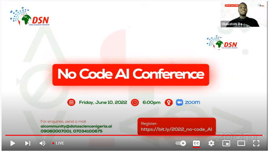 dsn_ai_network's tweet photo. WE ARE LIVE!
Join this FREE Session on NO CODE AI to learn about Artificial Intelligence without coding.
You can still register at https://t.co/8Yw4t0mYGe.
Or Join us on YouTube Live > https://t.co/ujBZ8AgT4p.
#NoCodeAI #dsn #datascientistsnetwork #datasciencenigeria https://t.co/lVYyj2lKxd