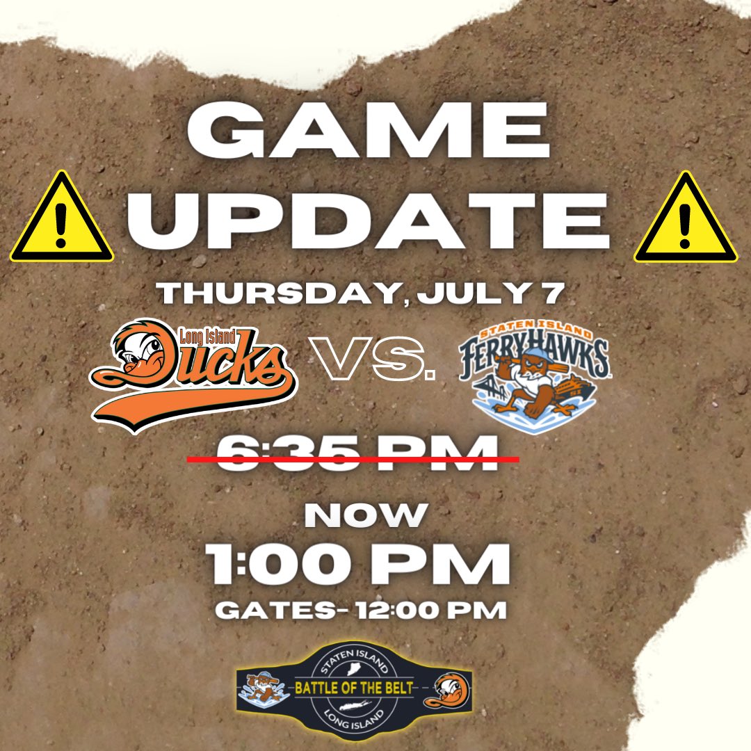 ⚠️ GAME UPDATE ⚠️

Our game against the <a href="/FerryHawks/">Staten Island FerryHawks</a> on Thursday, July 7, originally scheduled for 6:35 pm, will now start at 1:00 pm. Gates will open at 12:00 pm.