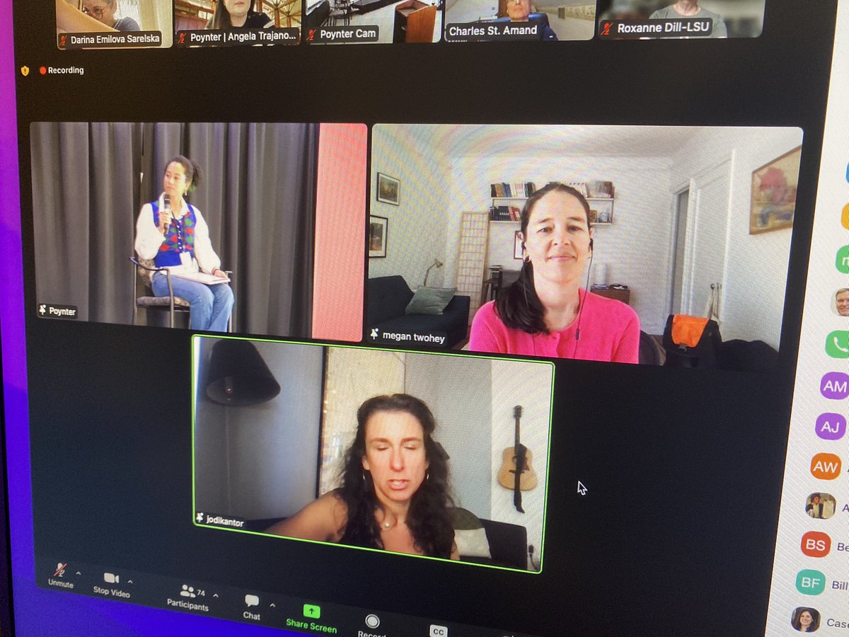 DSarelska's tweet photo. #Teacha22 time! Thrilled to attend this awesome journalism educators forum for the first time albeit remotely. A great kick off today on investigative reporting from the NYT reporters, Pulitzer price winners and authors of “Chasing the truth” and “She said” @mega2e @jodikantor https://t.co/XabwCD2Xl3