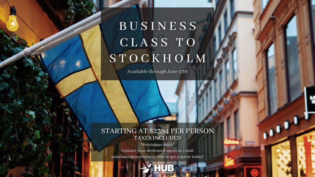 HubFares's tweet photo. Deal of the week! Low fares to Stockholm, starting at $2394 per person.

Email assistance@accessfares.com for more info today!

#travel #aviation https://t.co/AdF1EJsIyP