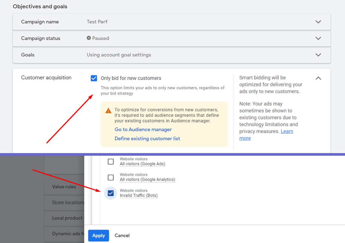 #Googleads Performance Max campaigns are now supporting audience exclusions!

You can find this hidden under Campaign Settings > Customer Acquisition > Exclude 'Customer' Audiences 🙈

We all know it's not only the customers we want to be excluding here...

#digitalmarketing #ppc