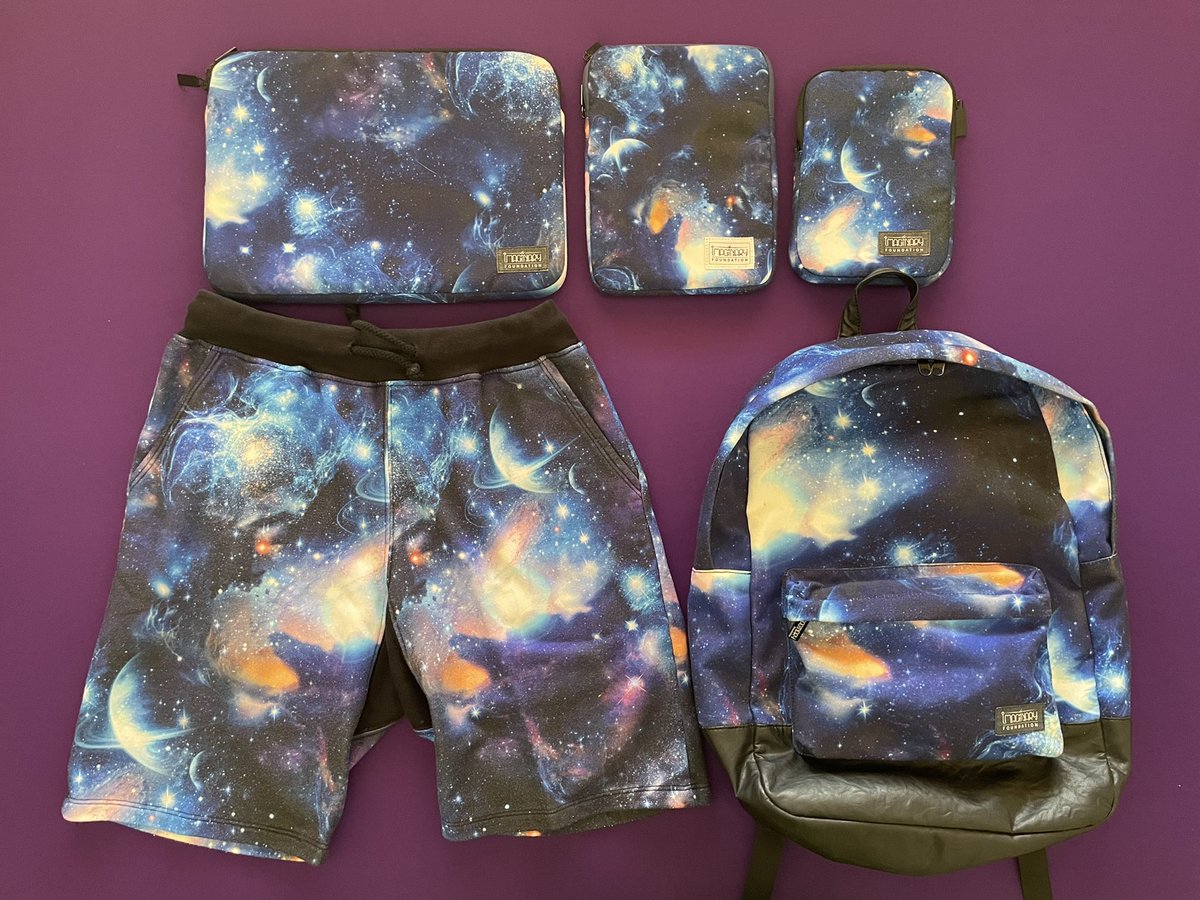 I’m very lucky to own these artifacts of #streetwearstyle, made out of the very first all-over space print by <a href="/imaginaryfndn/">Imaginary Foundation</a>. This is the mother of all the other space prints that you see people wearing at #EDM festivals.