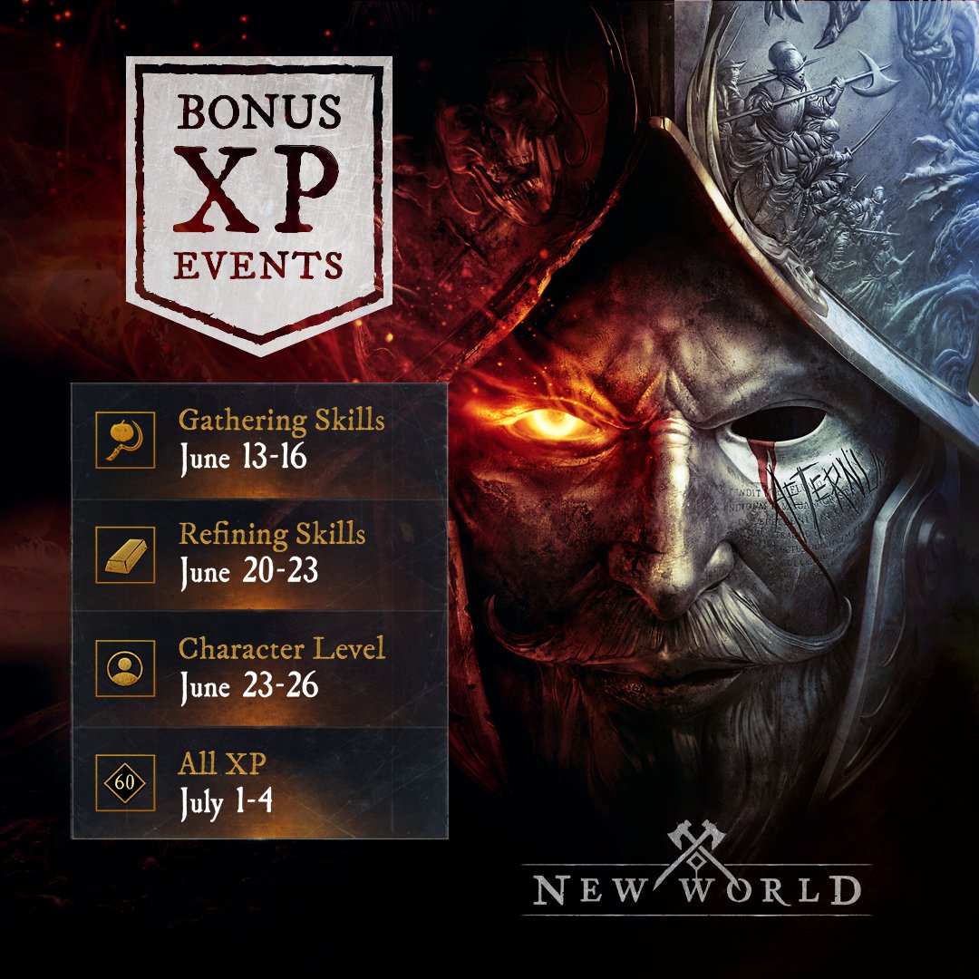 The New World June XP Extravaganza event continues! 

We’ll be hosting a variety of bonus XP events for adventurers to maximize their characters’ potential!

Details here!
🥚 bit.ly/3zw0l67
