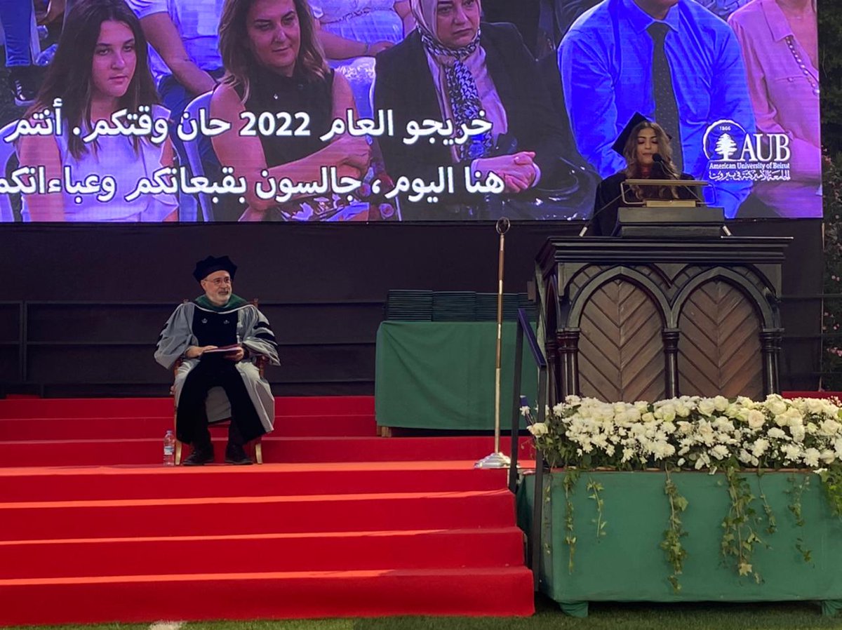 #AUB student Julia Samer Zaydan at #AUBGrad22:
"We tend to think that what we do as individuals does not matter, and there is yet a verdict to come out on whether or not that is true. Yet, both AUB and my program have taught me that we lead by example."