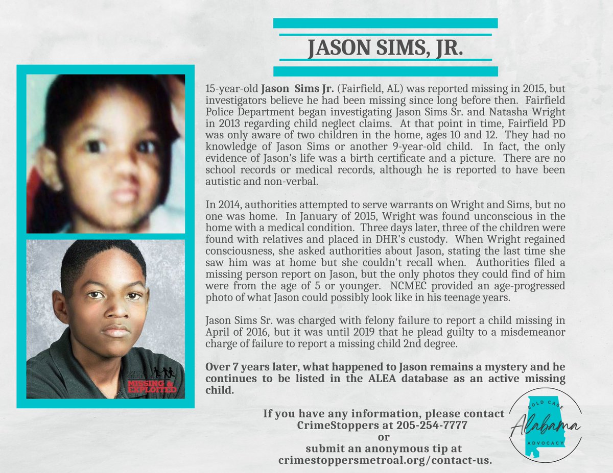 knew2126's tweet photo. When I began researching unsolved cases in Alabama, I didn't expect to be taken on the journey that I'm currently on. There are so many just absolutely unbelievable cases out there. Like the one of #JasonSims. Authorities had no photos of Jason past approx. age 5. https://t.co/iadXwtFxCp