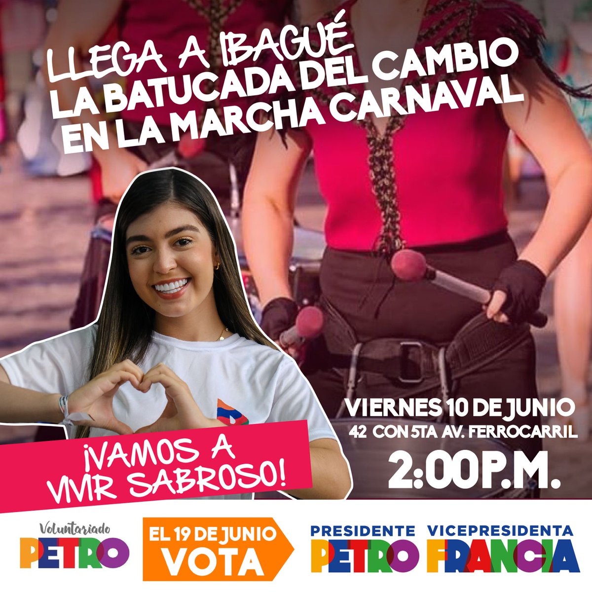 PetroVoluntad's tweet photo. 🚨ATENCIÓN🚨

La capital musical de Colombia se une al carnaval de la alegría y el color. IBAGUÉ ES TIERRA DE CAMBIO 💙.

🗓Viernes, 10 de Junio 2022.
📍42 con 5ta, Avenida Ferrocarril.
⏰2:00 pm.
#PetroPresidente #FranciaVicepresidenta https://t.co/tdqMYmrGhC