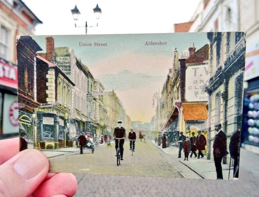 Firesnapper999's tweet photo. @RevRichardColes Hobby, find postcards 100yrs+ old and then find location in my community #Aldershot #Farnborough with overlay to create a #WindowInTime https://t.co/5SG6mYb8j7