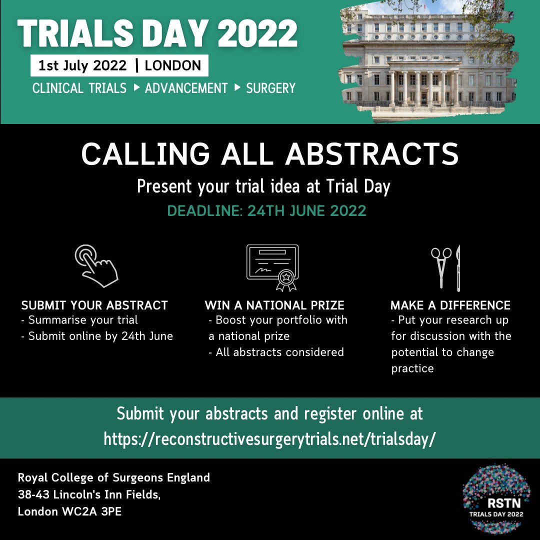 Surgery_Trials's tweet photo. Submit your abstracts now to be considered for a surgical national prize 🏆 

Deadline is 24th June 2022 

Don’t miss out 😎 

#RSTNTrialsDay #PlasticSurgery #OrthoTwitter https://t.co/vmtrwxBf1j