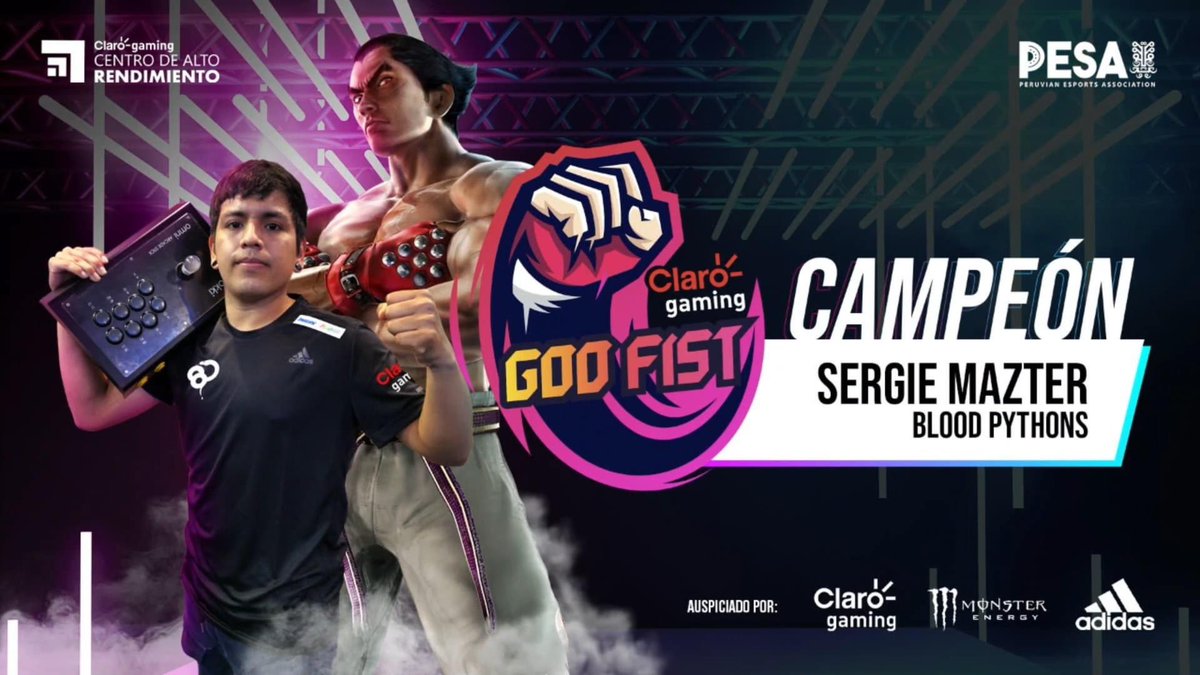 🏆🥇 1st place at @ClaroGamingGodFist 🥳

I’m extremely happy to know that i am the national 🇵🇪 qualifier to fight for a place in the <a href="/IeSF_Master/">Esports fan</a> World Cup in Bali-Indonesia 🇮🇩. 
Thanks so much everyone🙌🏻

Let’s keep grinding and go for more 🤜🏻

#Tekken7 #Kazuya

<a href="/PythonsBlood/">Blood Pythons</a>