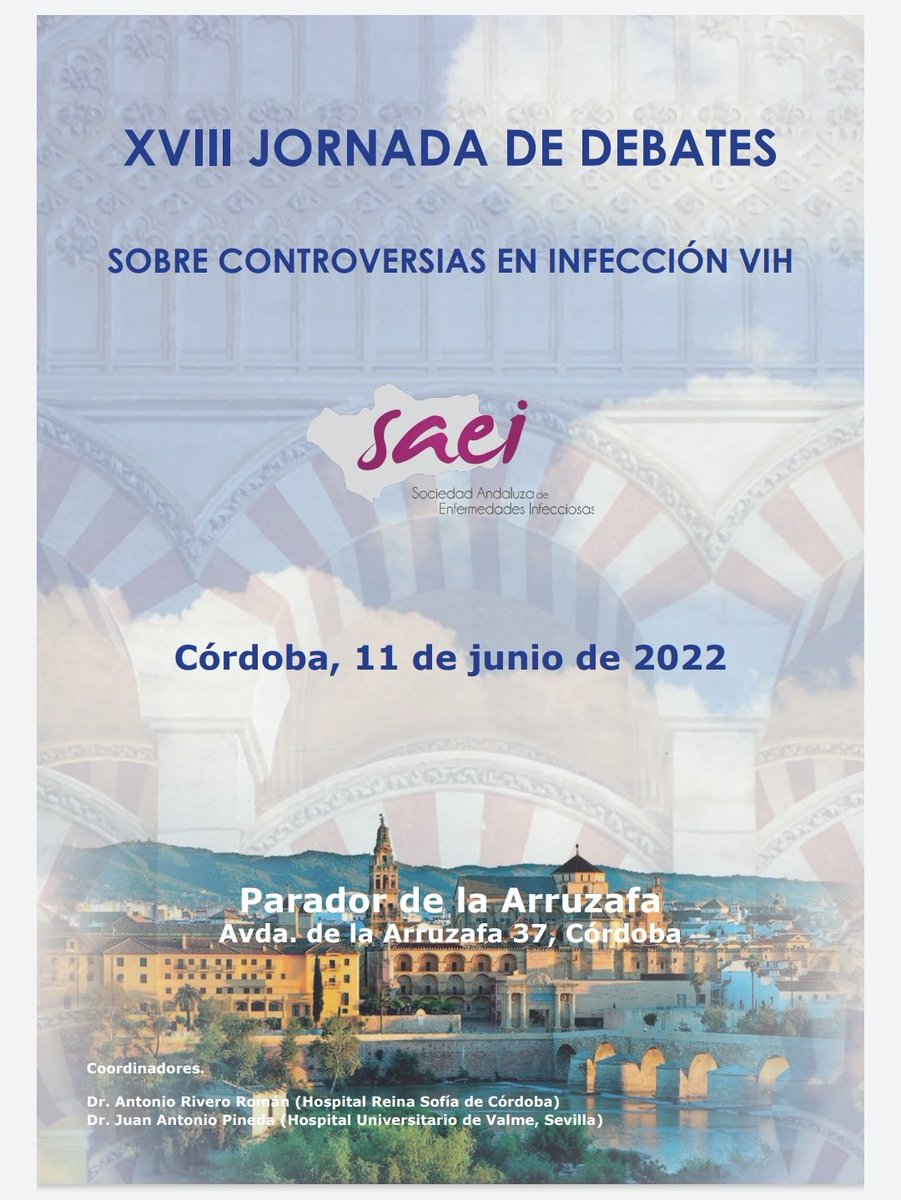 debatesvih's tweet photo. Mañana sábado, a partir de las 9:00, arrancará la "XVIII Jornada de Debates sobre VIH" que celebraremos en el Parador de la Arruzafa de Córdoba, con la coordinación de los doctores Antonio Rivero y @japineda_ https://t.co/xQAkterEX2