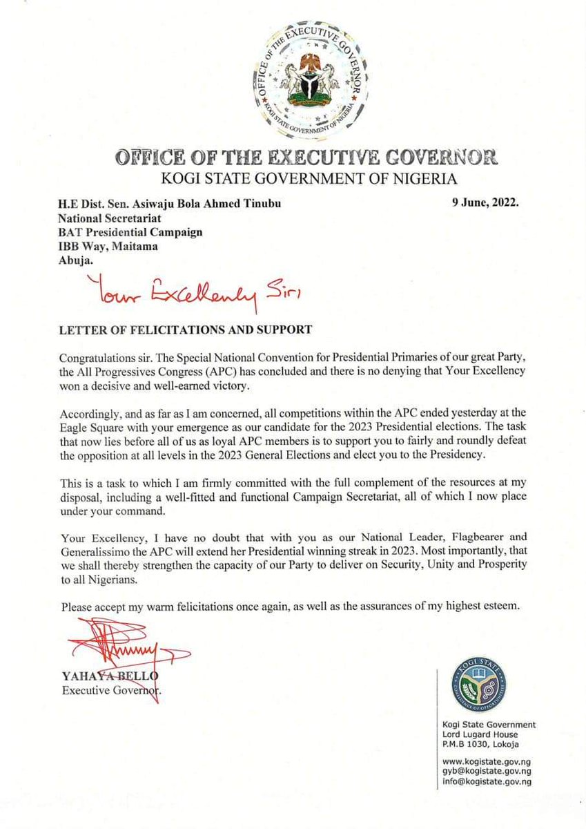 Ziliyaxx's tweet image. Alh. Yahaya Bello @OfficialGYBKogi receives the former Governor of Lagos State &amp;amp; the APC #2023Elections Presidential flagbearer, Sen. Bola Tinubu @officialABAT at the Yahaya Bello Campaign Office on Friday

📸CPS @Galacticus_O 

South South OBIdient Anambra Attorney General Mummy