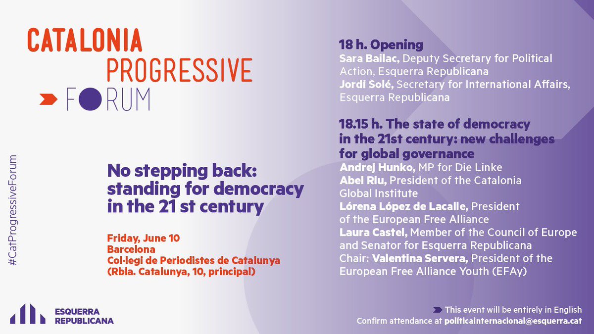 jordisolef's tweet photo. The 1st Catalonia Progressive Forum, gathering parties from Europe &amp; the Americas, has started. After welcoming words from @Esquerra_ERC Vice-secretary General @sarabailac and myself, the inaugural panel is discussing new challenges for global governance #CatProgressiveForum https://t.co/0dp6pXgyd9