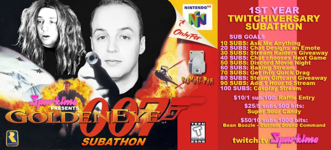 TOMORROW IS THE BIG DAY! We have lots of sub goal rewards, raffles and more! Come out at 12pm Est! twitch.tv/sparklmo Like & Retweet! #subathon #twitchaversary #lgbttwtich #retrotwtich #goldeneye64 #N64 #twitchsubathon #gaytwitch #torontotwitch