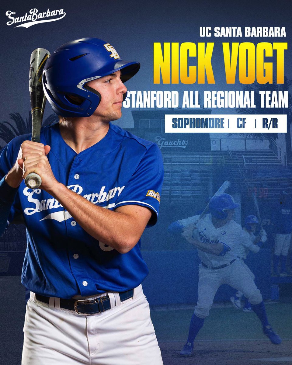 UCSB_Baseball's tweet photo. Congratulations Nick Vogt for making the Stanford All Regional Team! Vogt drove in the first run of the weekend with an RBI double and later in the game crushed a solo homer against Texas State. He hit another homer against No. 2 Stanford giving the team an early lead.

#GoChos https://t.co/YRWXyxxJsL