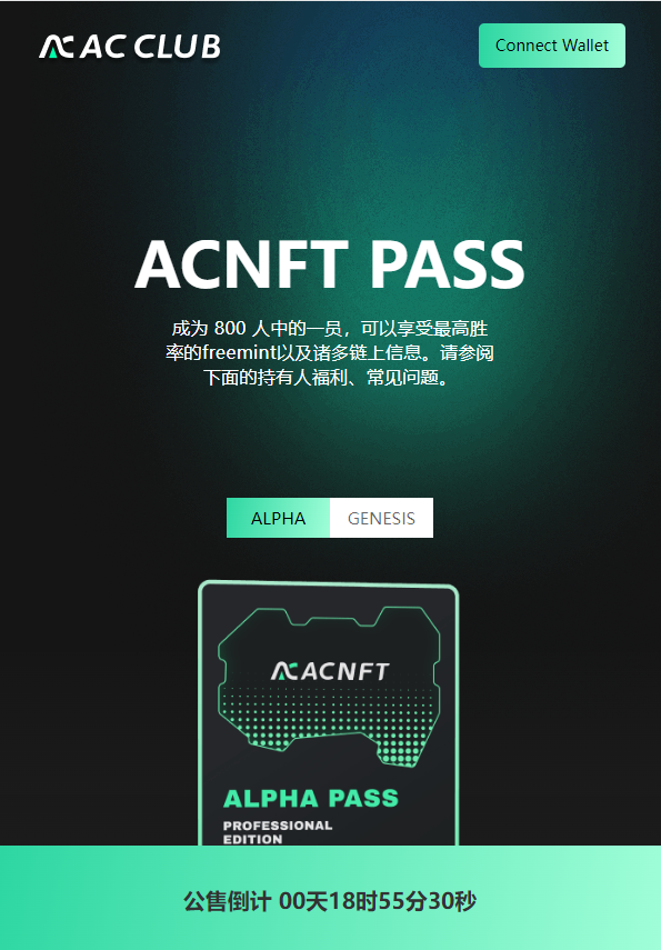 AcNFT Pass 公售 * 抽空投 1 Pass

时间：2022-6-11 20:00:00
网站：acnft.xyz 

涵盖图狗freemint自动mint，自定义策略跟随指定钱包mint、钱包NFT收益分析及监控，推特自动抽奖机器人、蓝筹指数分析及警告等数十项功能！

要求：
1.关注<a href="/acnft_club/">AcNFT</a>+<a href="/0x14os/">' c4</a> 一键三连艾特3好友！