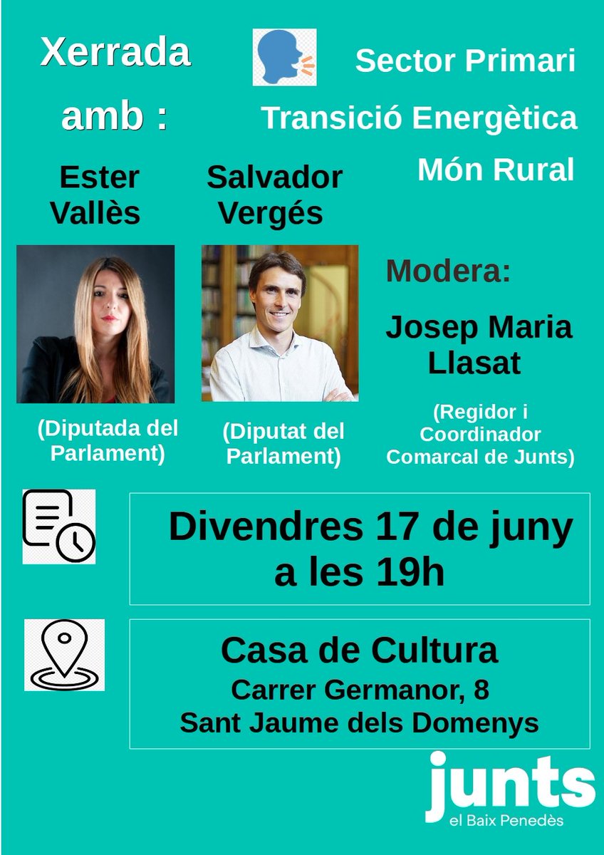 Xerrada amb <a href="/salvaverges/">salvaverges</a>, <a href="/ester_valles/">Ester Vallès</a> i @JOSEPMLLASATROI el proper divendres 17 de juny a #SantJaumeDelsDomenys
Us hi esperem!!
<a href="/JuntsXCat/">Junts per Catalunya🎗</a> #Independencia