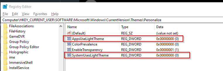To enable dark mode, just browse to "Computer\\HKEY_CURRENT_USER\\Software\\Microsoft\\Windows\\CurrentVersion\\Themes\\Personalize" and change these two entries' value to 0. As soon as you change them, dark mode will be activated! (how amazing)