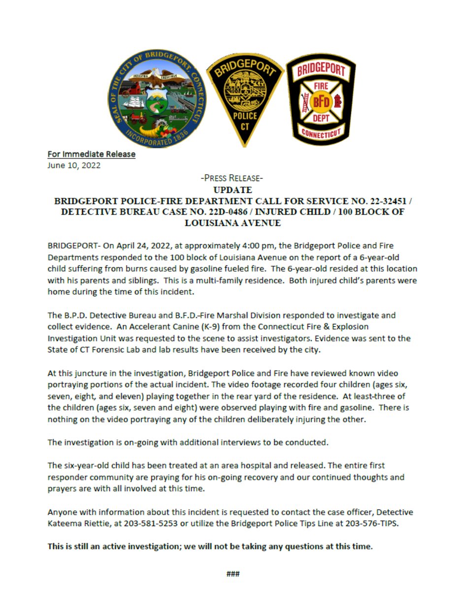 Bridgeport Police on Twitter "Update on Louisiana Ave Burn Incident