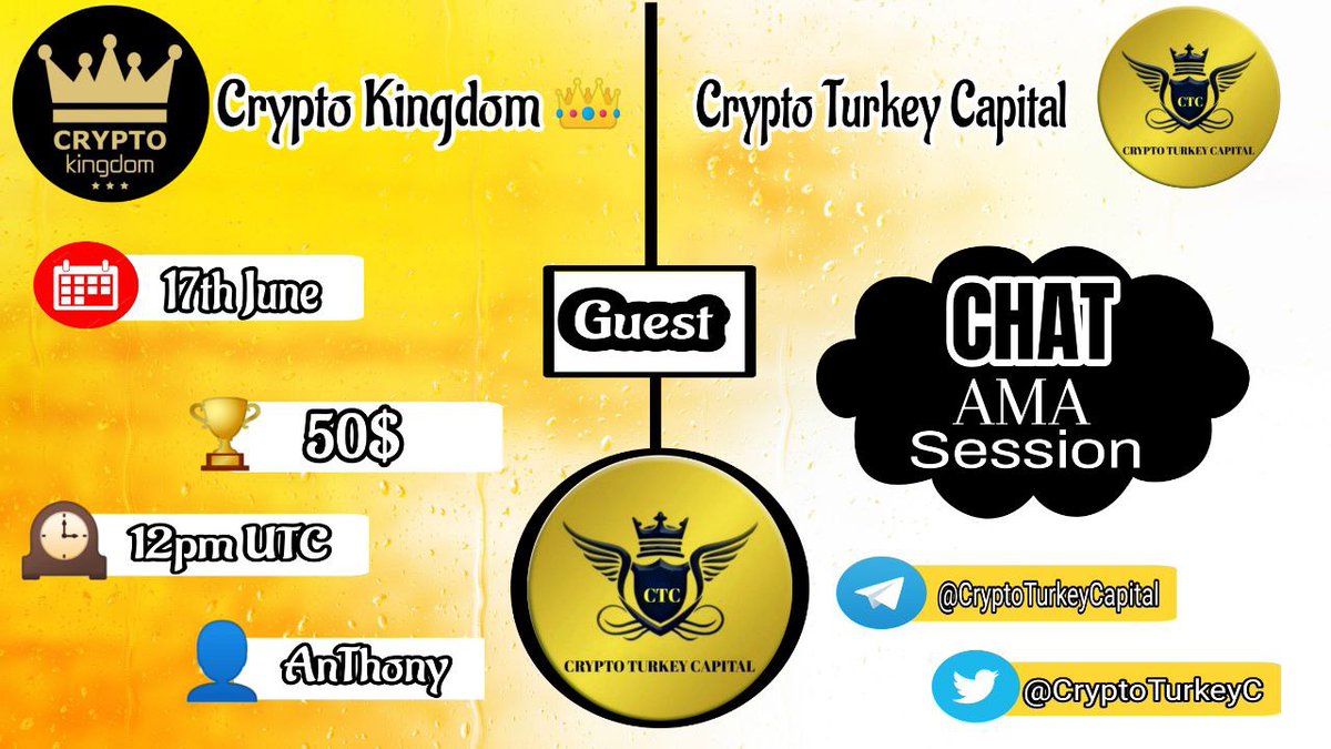 AMA with #cryptoTrkeyCapital

Prize:   50$  
Date: june 17th, 2022
Time: 12:00 pm UTC
Venue: t.me/Crypto_Kingdom…

Rules:
1. Follow 
<a href="/Cryptokingdoms5/">Crypto kingdoms</a> &amp; @CryptoTurkeyC
2. Like Retweet &amp; Comment Your Questions - Tag 3 friends.