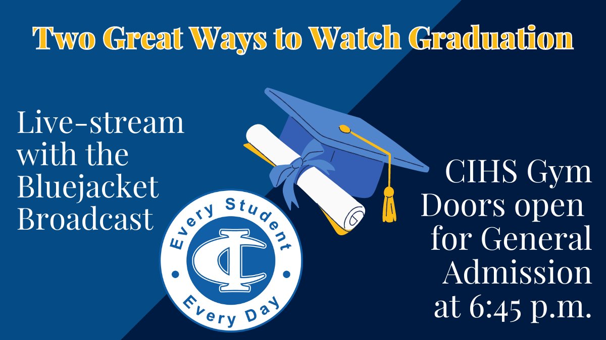 Graduation is this evening!  Come join us in person- General Admission doors open at 6:45p. OR watch our live-stream broadcast!

Graduation Live Stream
youtube.com/channel/UCvFhW…

Back-Up Live Stream
youtube.com/channel/UCeUU7…

#BluejacketClassof2022 🎓